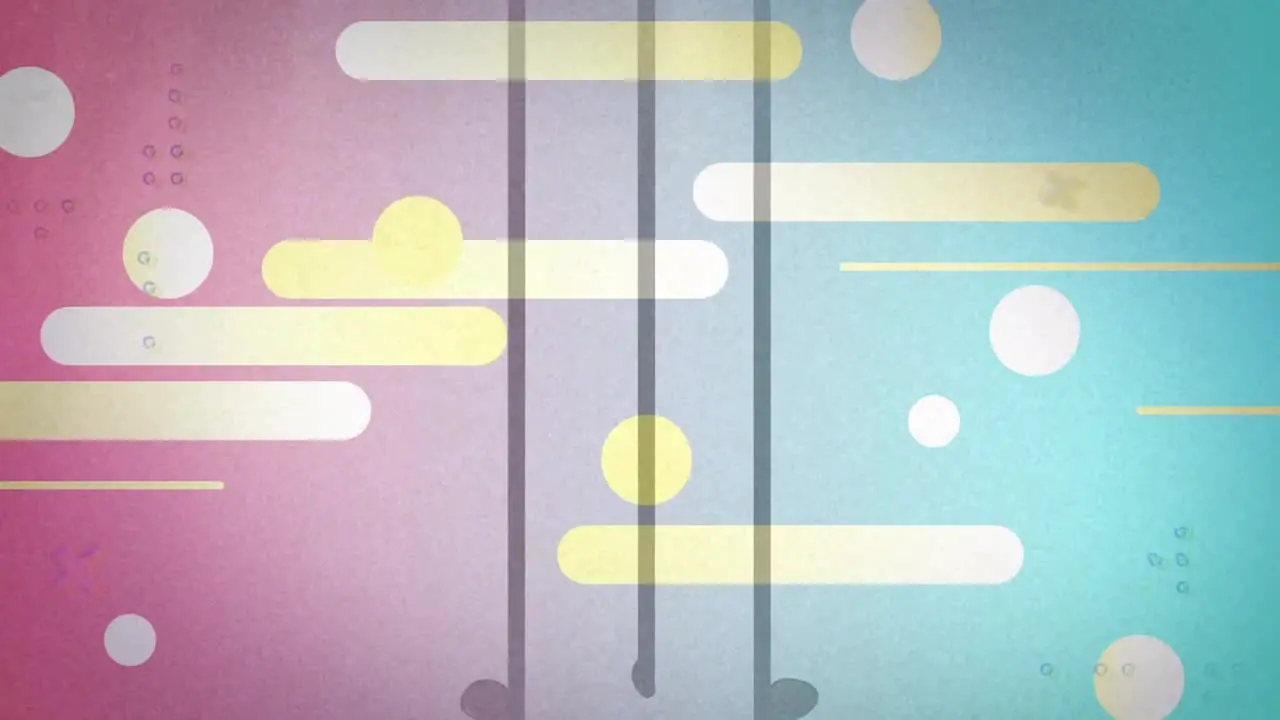 Animation of multicolored bars circles symbols and black strings against abstract background