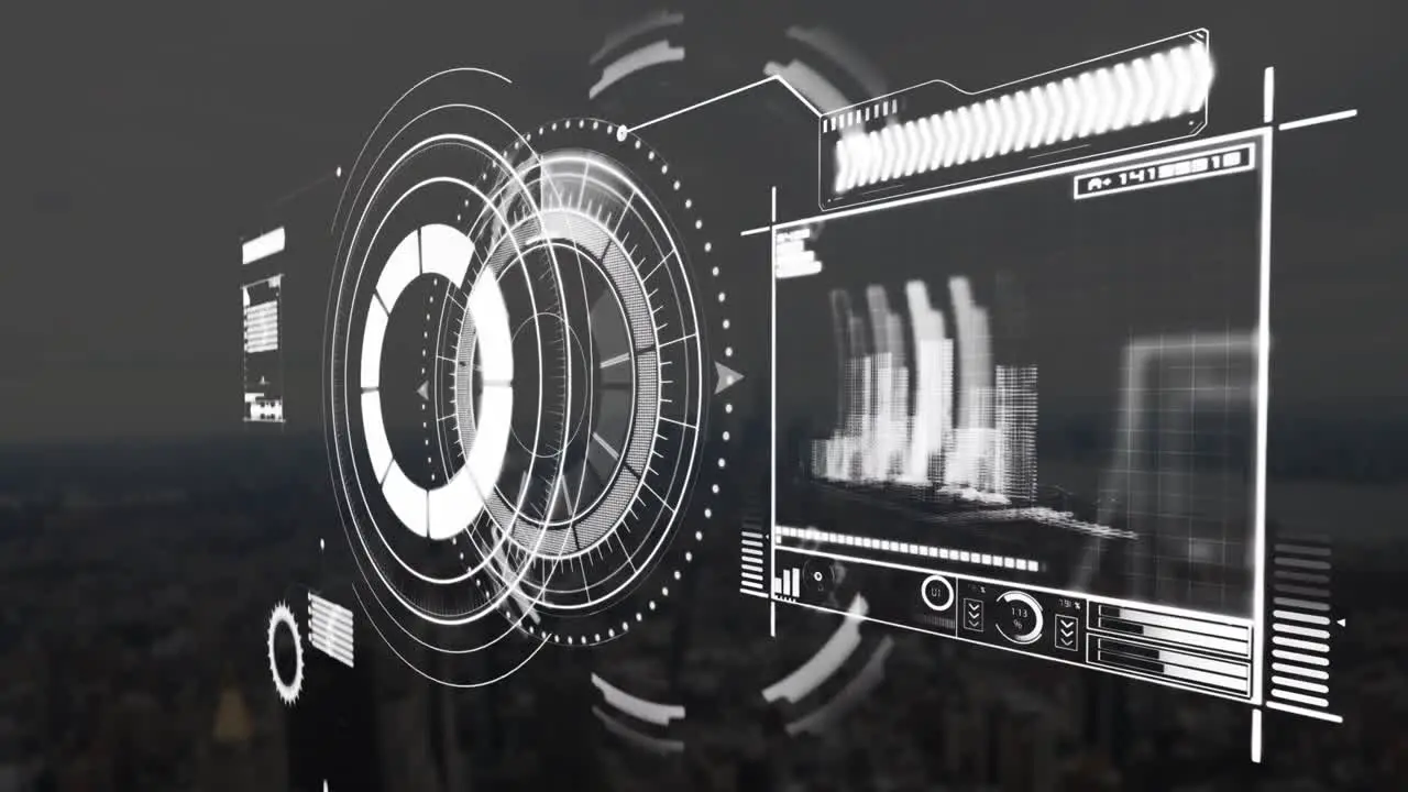 Animation of loading circles graph and loading bars and arrows against abstract background