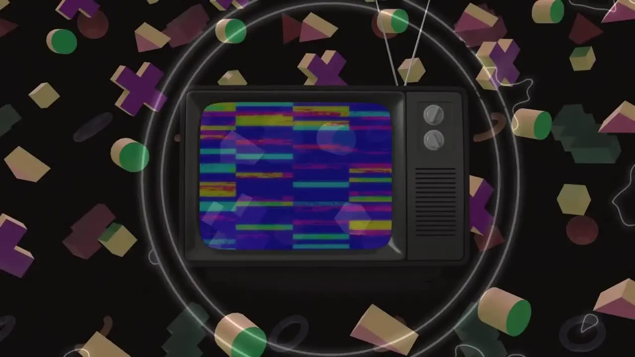 Digital animation of colorful abstract shapes moving over television icon against black background