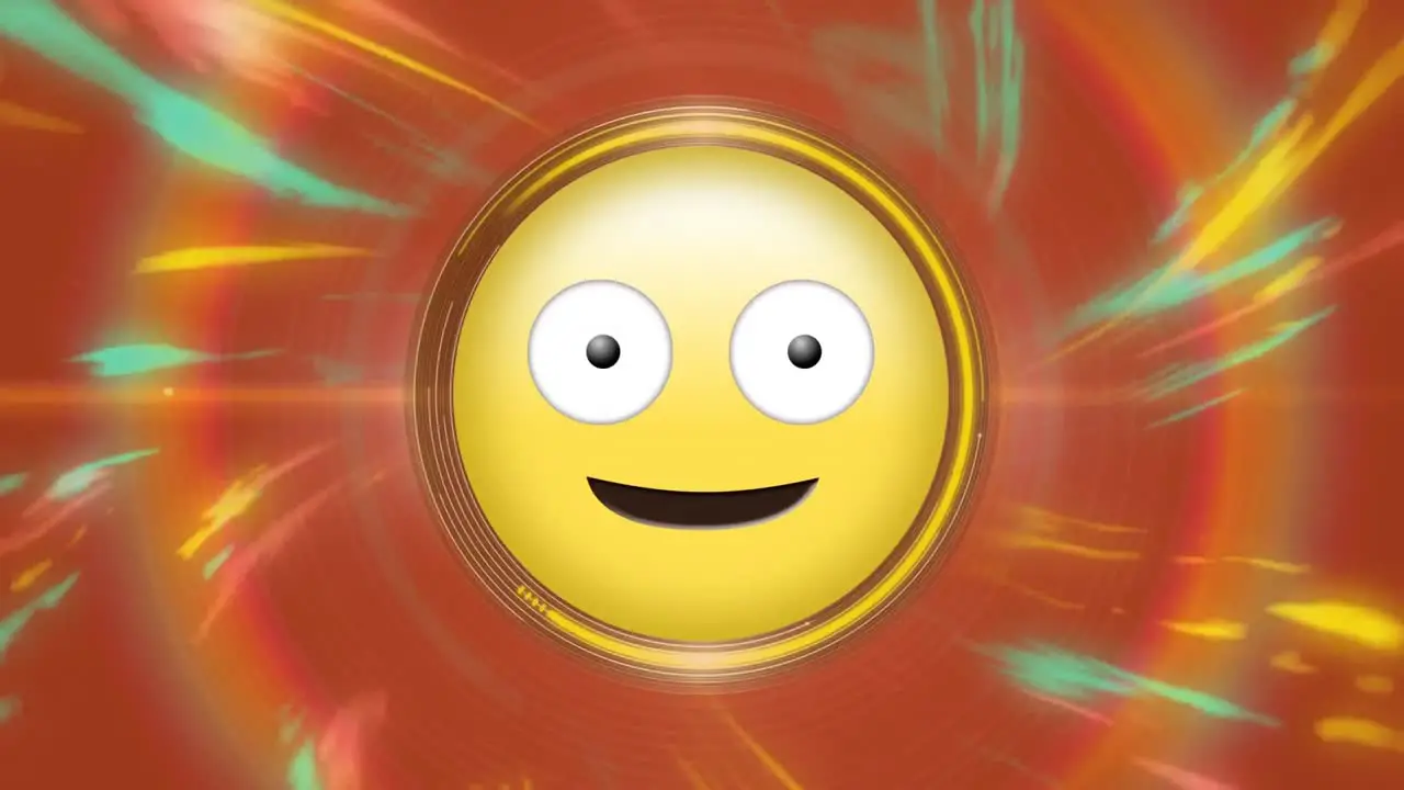 Animation of emoticon with winking eye and sticking out tongue over illuminated abstract background