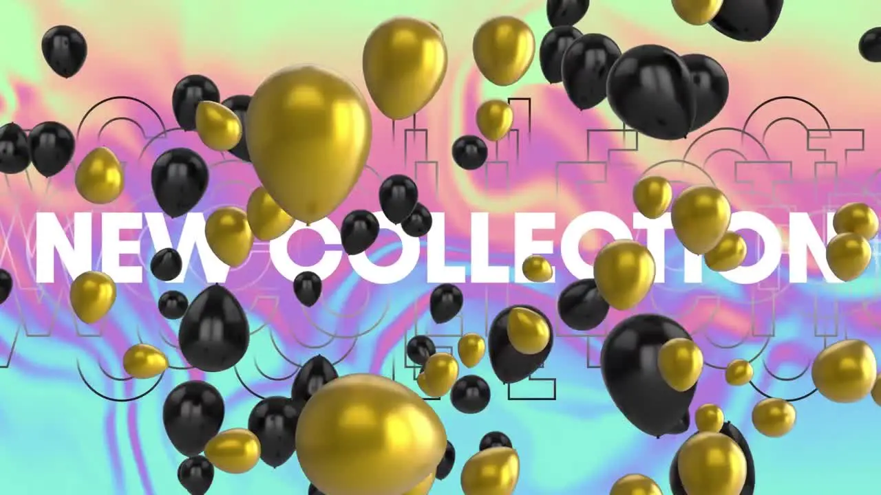 Animation of golden and black balloons over new collection text over abstract background