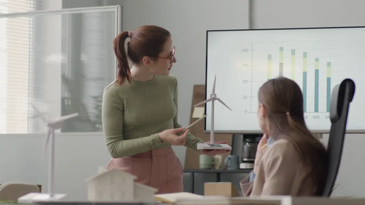 Mujer De Negocios Explicando El Modelo De Aerogenerador Y Mostrando Un Gráfico De Datos Durante Una Reunión En La Oficina 2