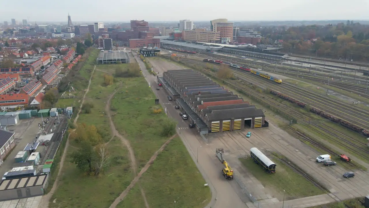 Aerial of old workshops near train station