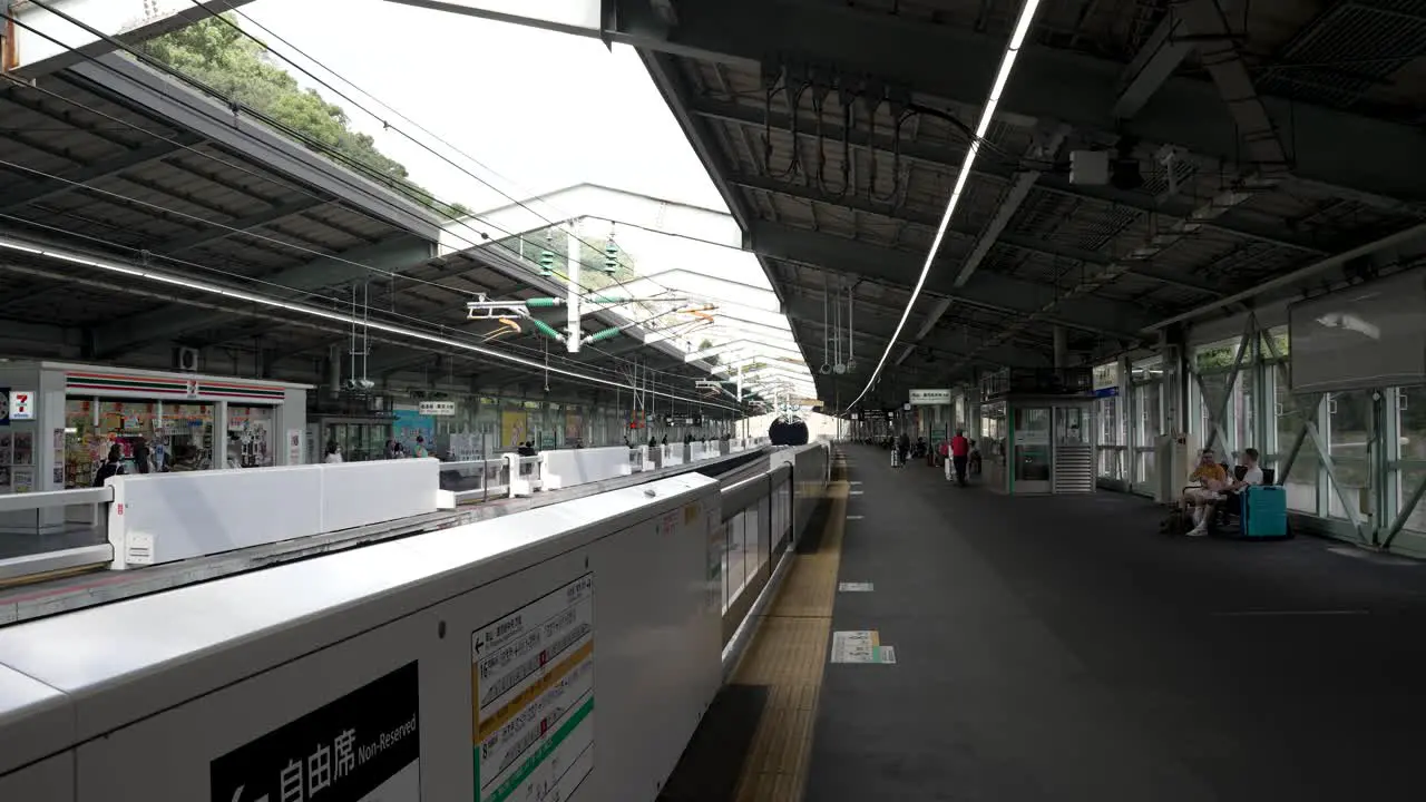 Static shot of Shin-Kobe public Station with people waiting for their train transport