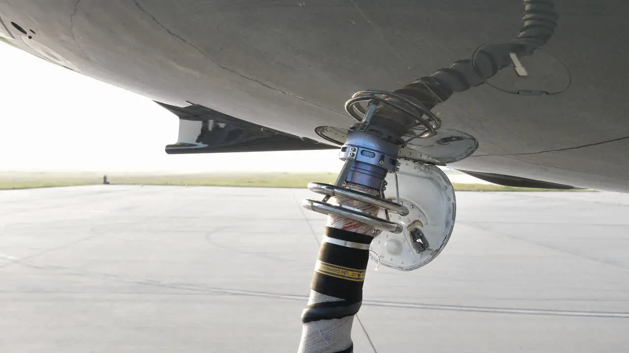 Air Start Unit Discharge Air Hose Attached To Aircraft Underbelly Starting Jet Engine On The Airfield