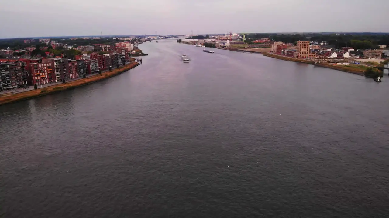 Aerial panoramic view of great river in city