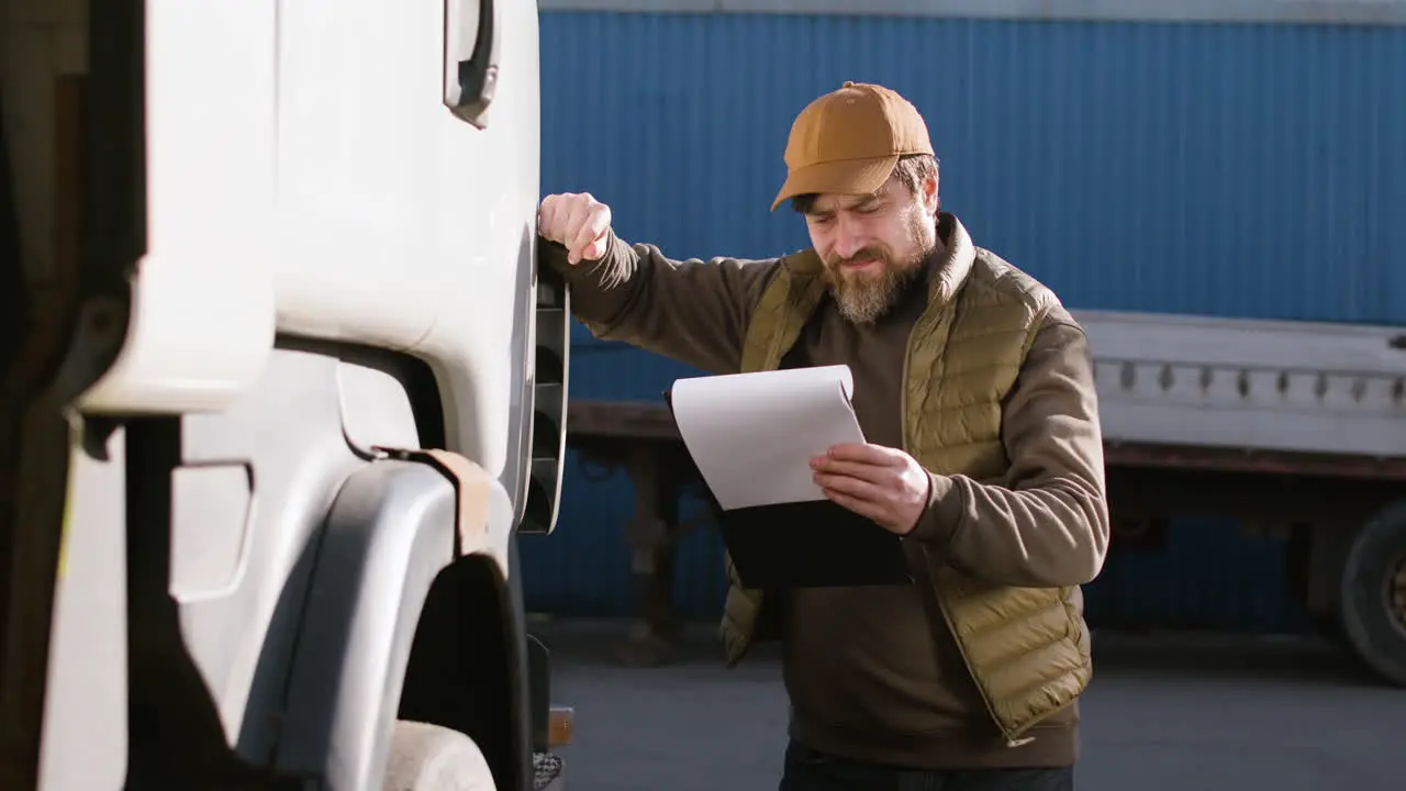 Worker Wearing Vest And Cap Reading Documents In A Logistics Park While Is Leaning On A Truck