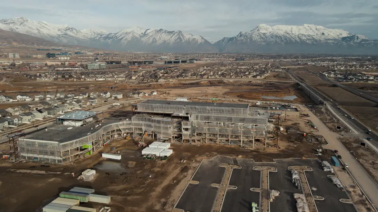 Construction site of the future Primary Children's Hospital in Lehi Utah orbiting aerial hyper lapse