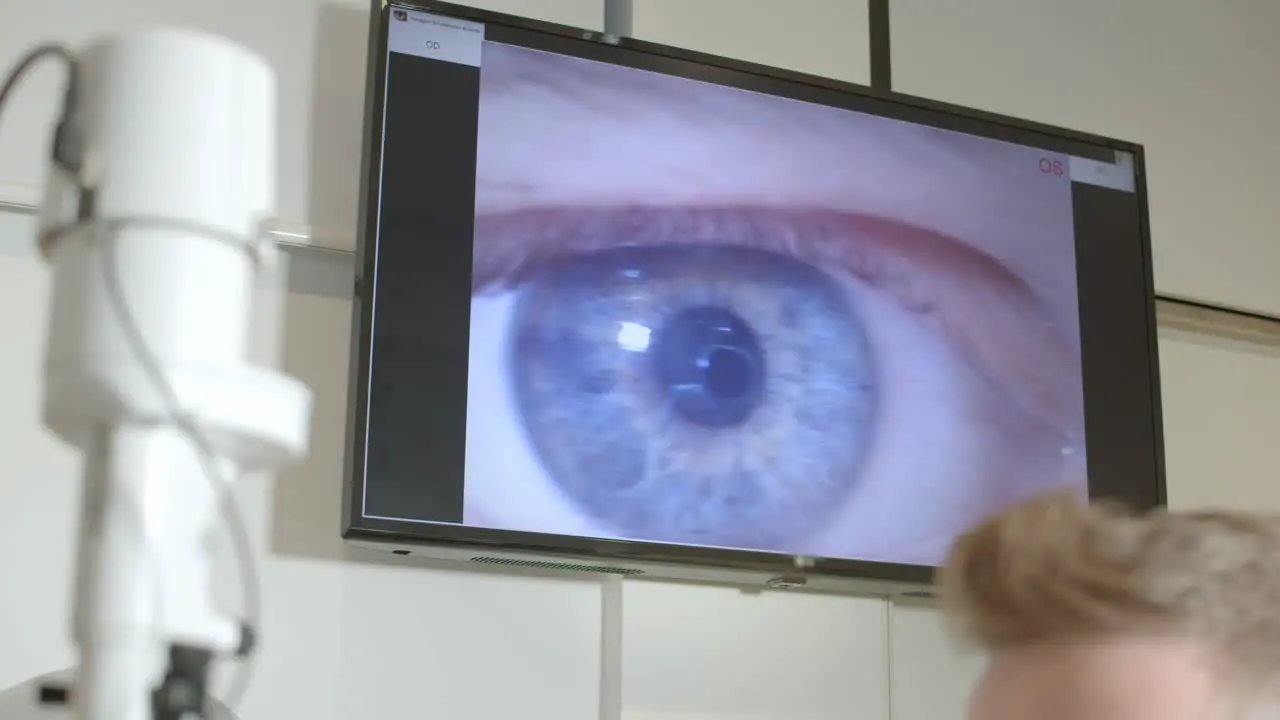 The eye exam room looks like a screen on the wall in the eye doctor's office