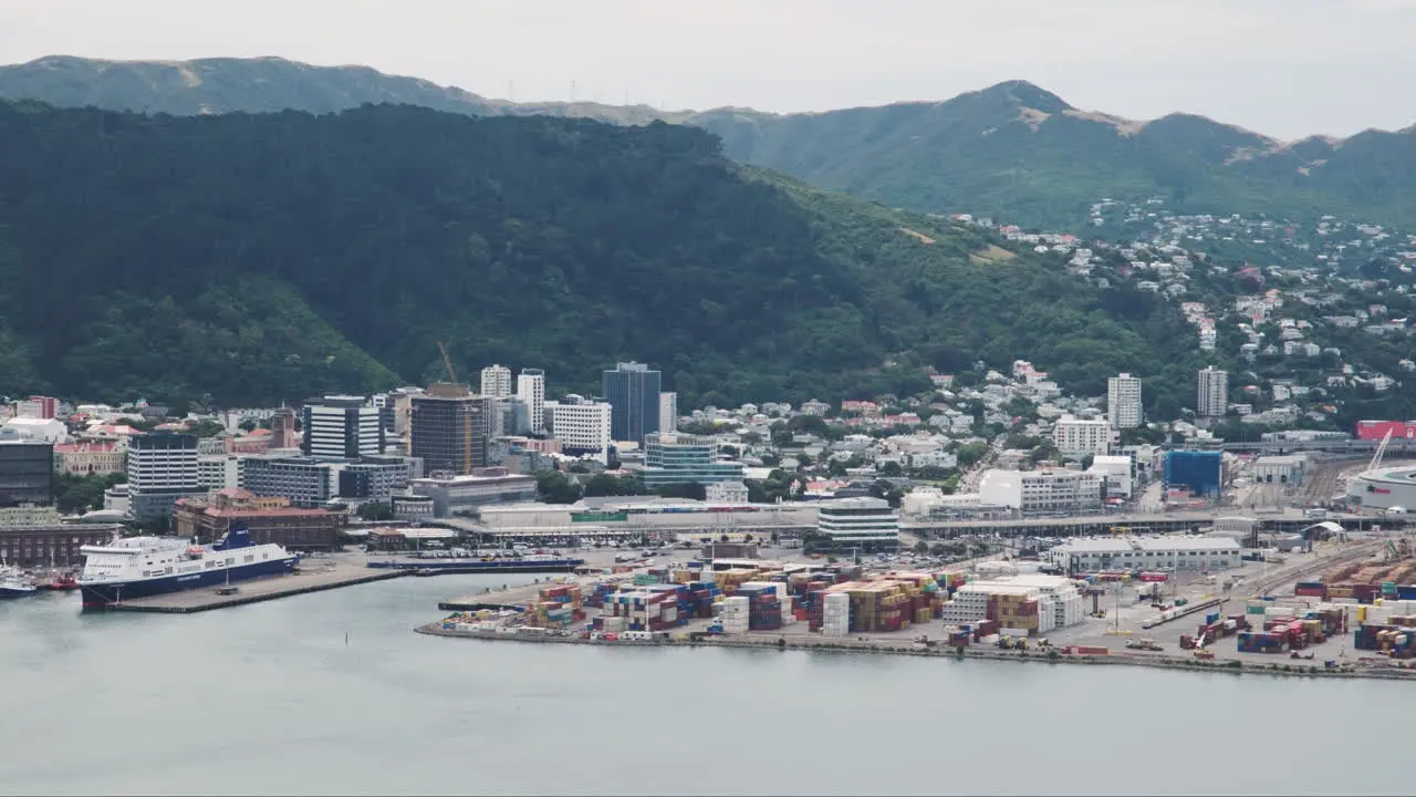 Slow pan of CentrePort Wellington and Sky Stadium in New Zealand