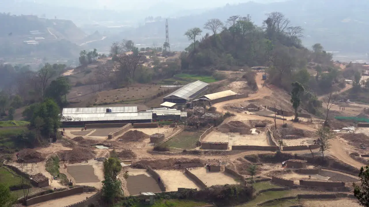 A high angle view of a brick factory in the Kathmandu Valley of Nepal