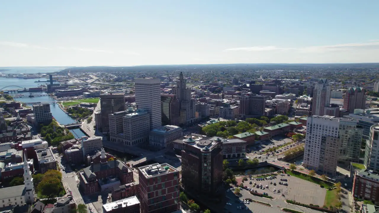 Aerial of city skyscrapers urban industry buildings on a sunny day in Providence Rhode Island