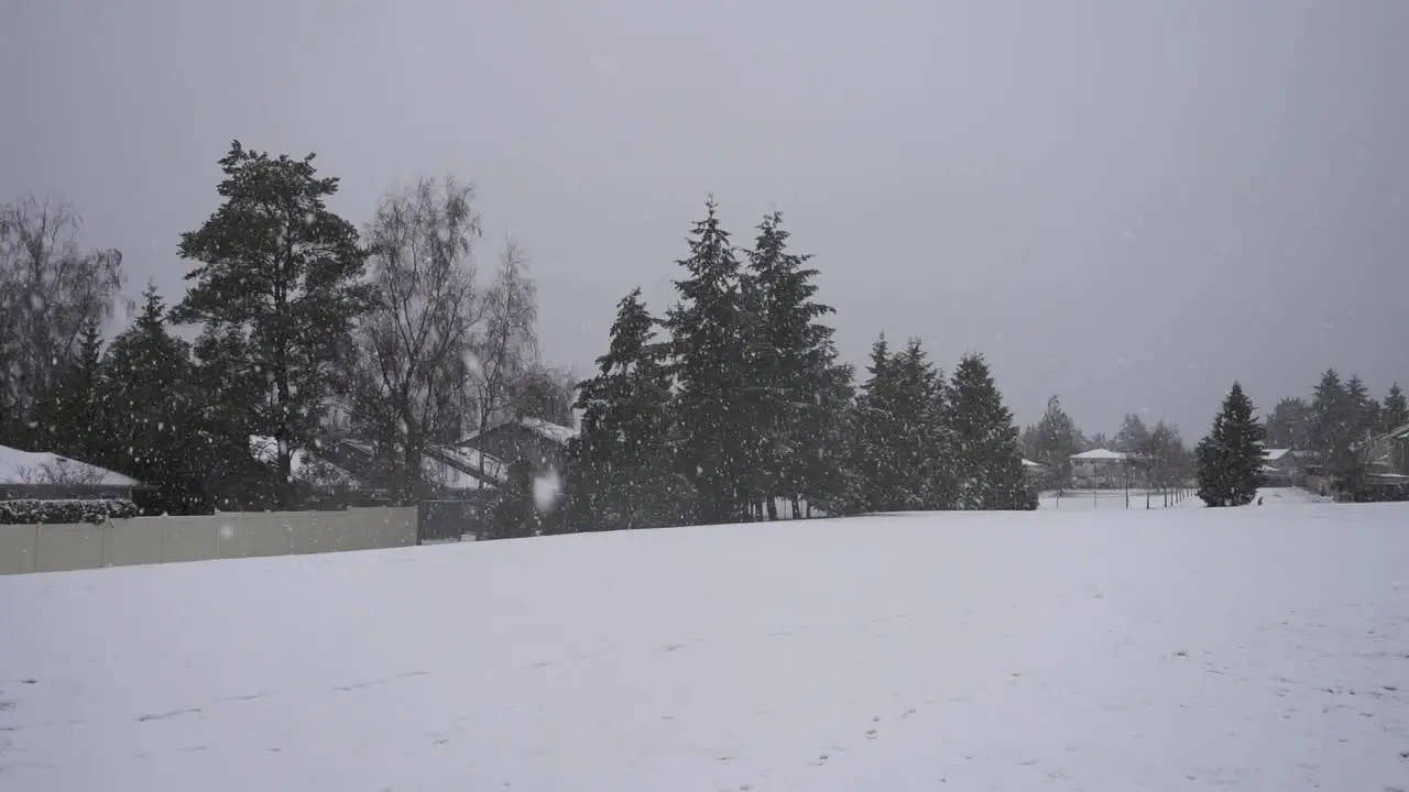 Slow-motion footage of a soccer field during a light snowfall in Canada