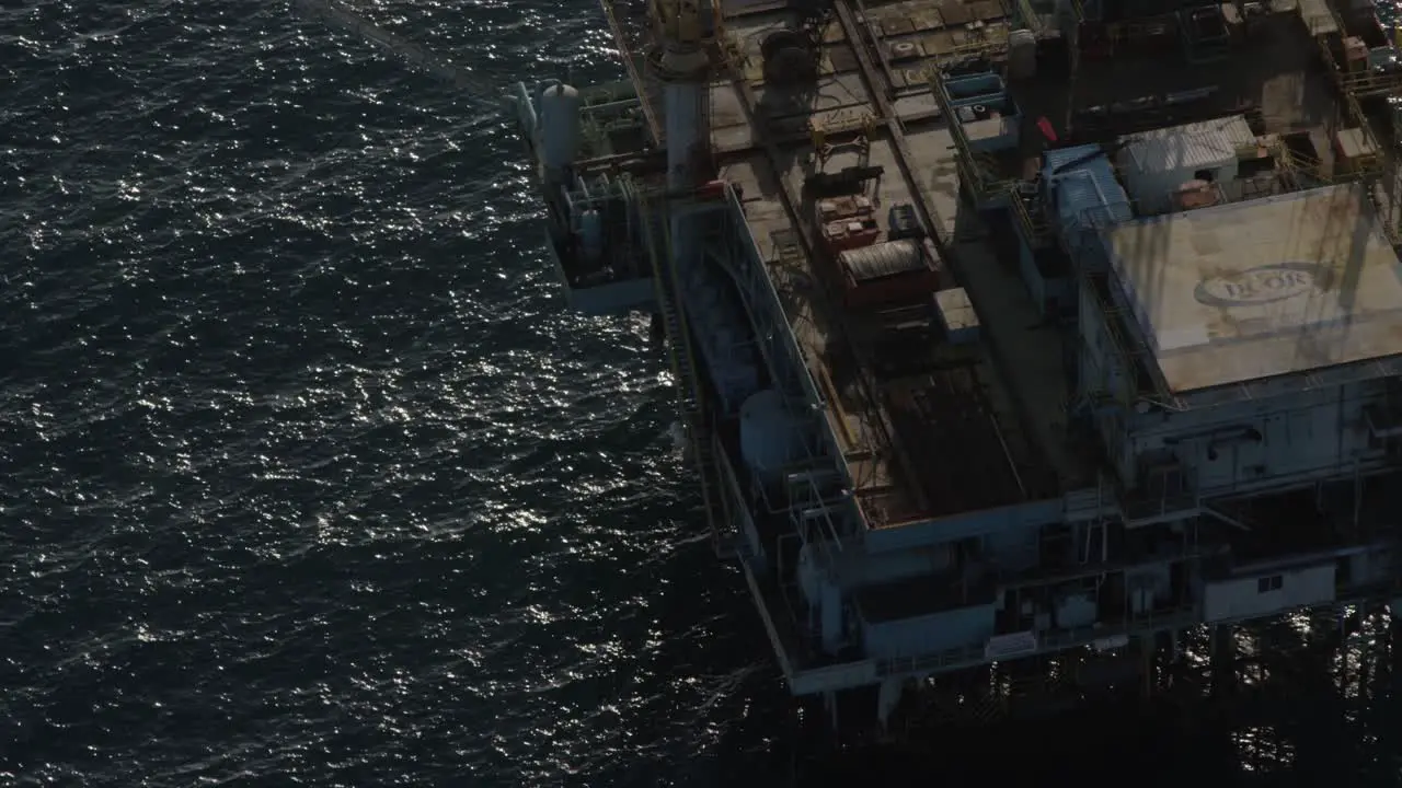 An aerial shot over oil derricks and platforms in the Santa Barbara Channel California 3