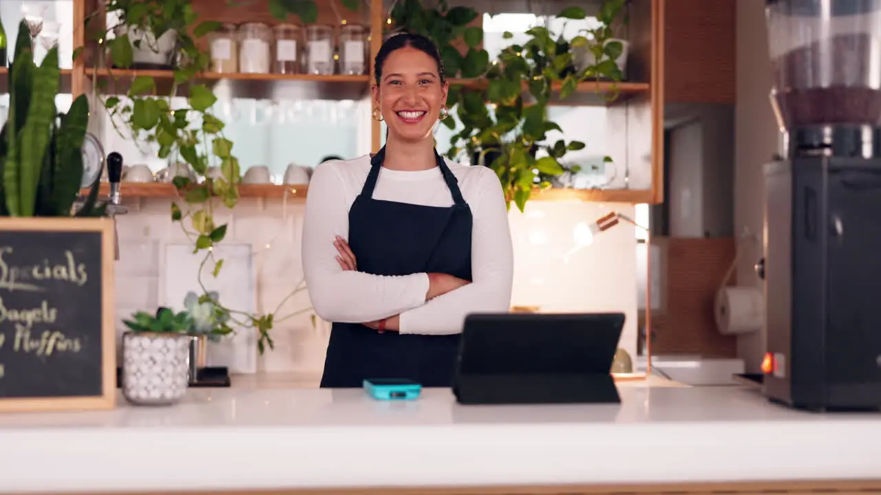 Face woman and barista with arms crossed