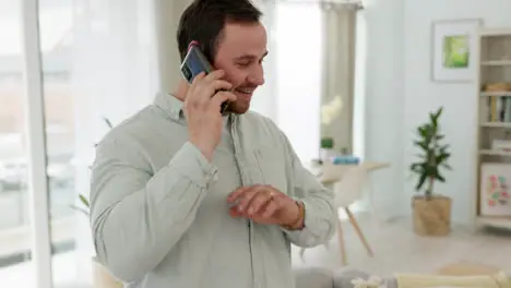 Phone call communication and man talking in home