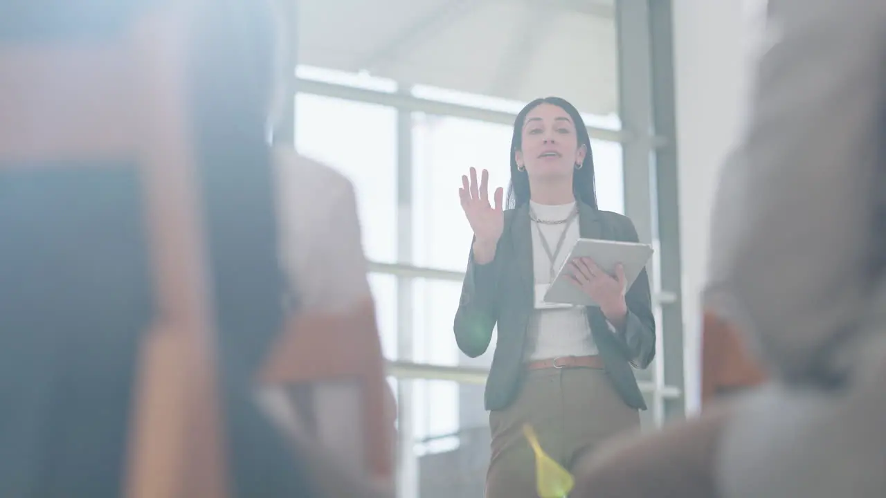 Presentation tradeshow and woman with tablet