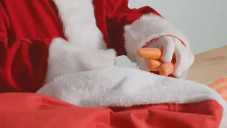 Close Up Shot of Santa Pulling Carrots Out from Red Sack