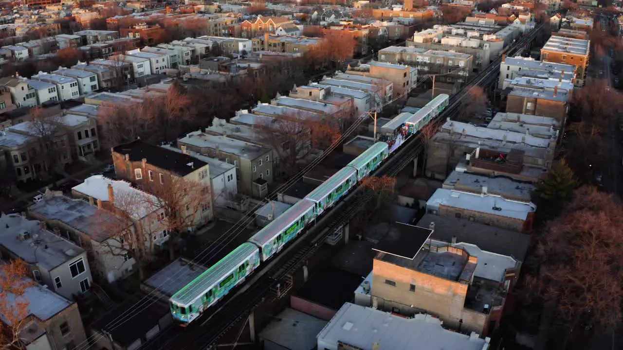 Birds Eye Aerial View of Festive Holiday Train in Chicago Illinois