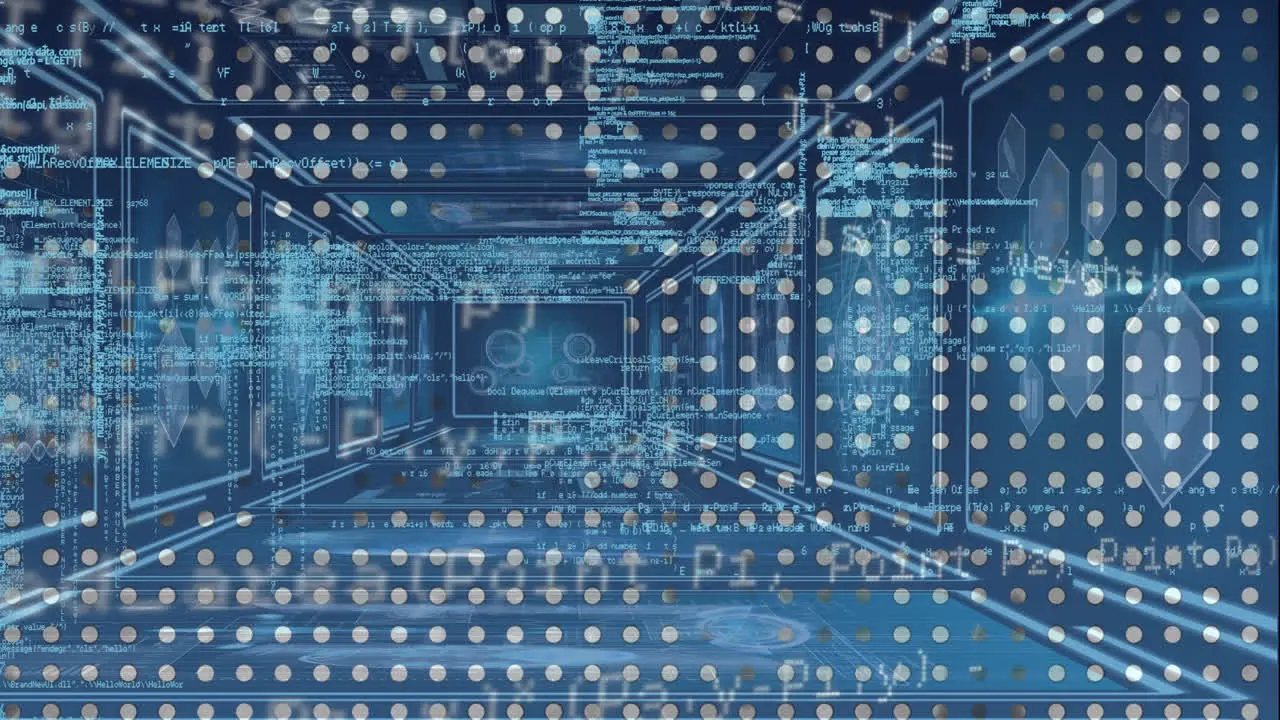 Animation of data processing over tunnel made of digital screens with diverse data in digital space