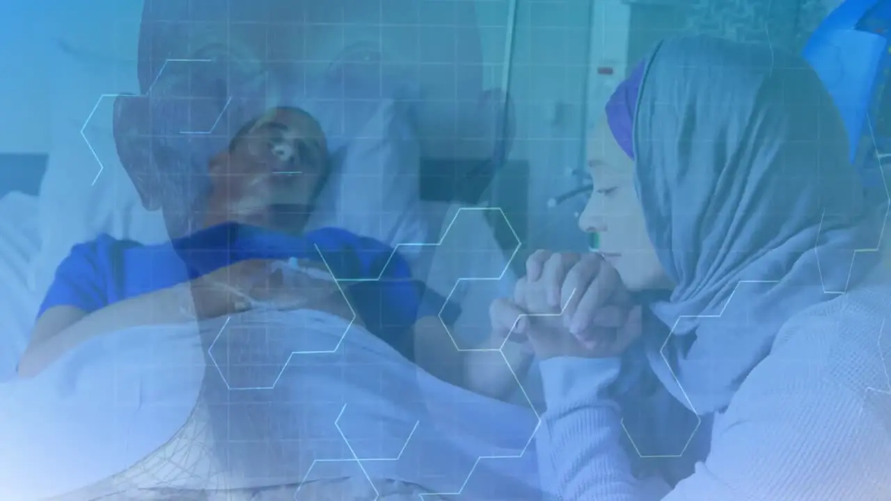 Animation of digital screen over biracial woman praying at hospital