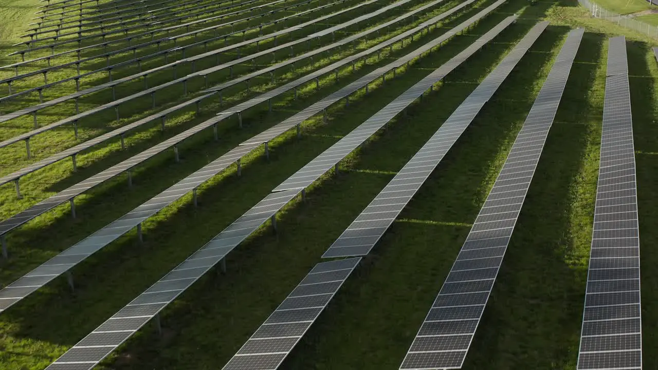 Aerial of large array of solar panels for renewable energy from sun