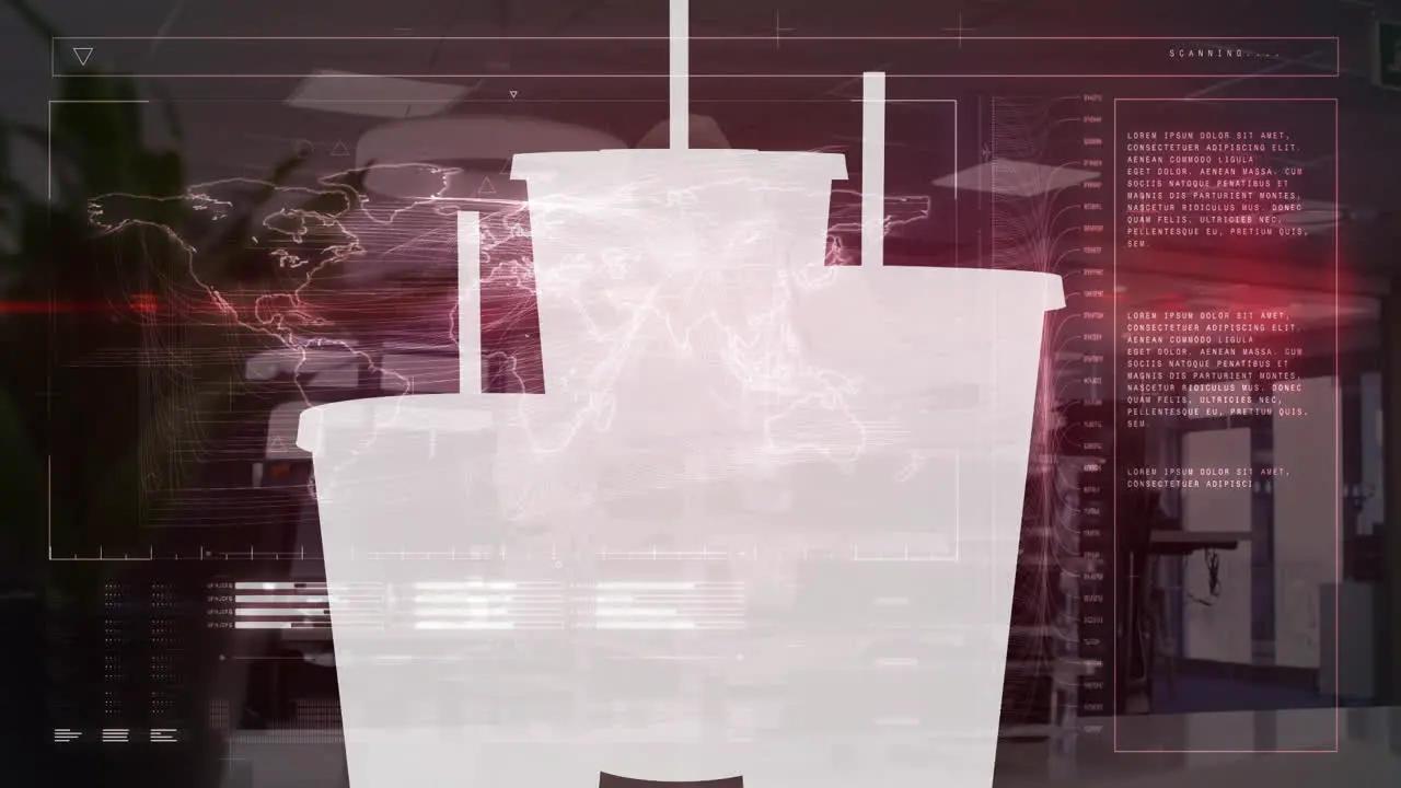 Animation of digital screen with white cups over diverse buisnesspeople in office