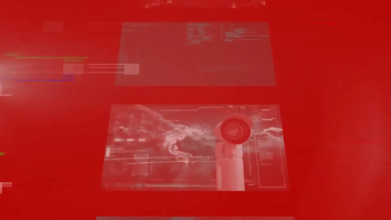 Animation of interference and digital screens on red background