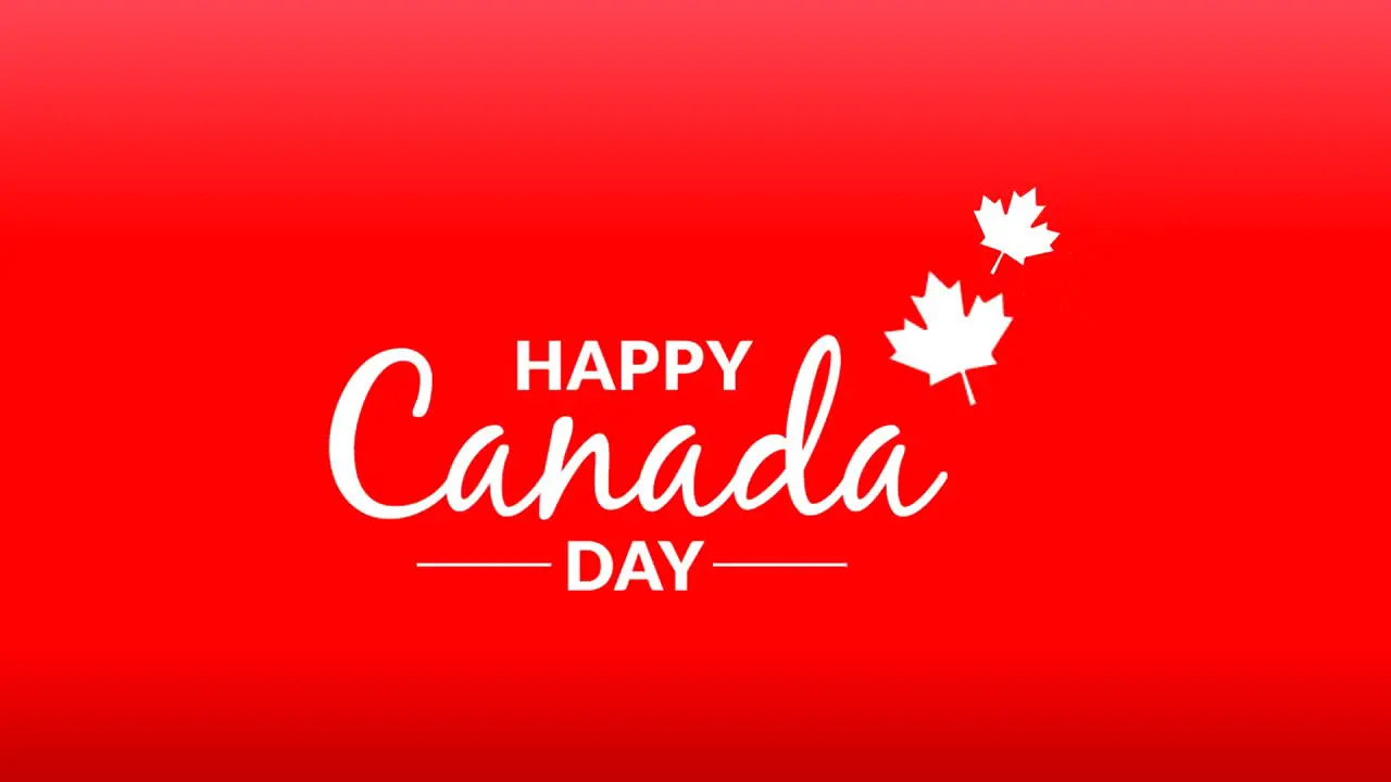 Greetings for Canada Day Displayed on a Red Background with Animated Maple Leaves