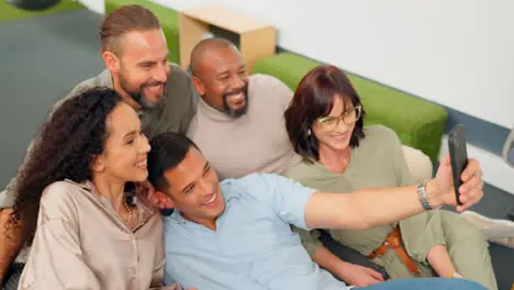 Diversity selfie and staff in modern office