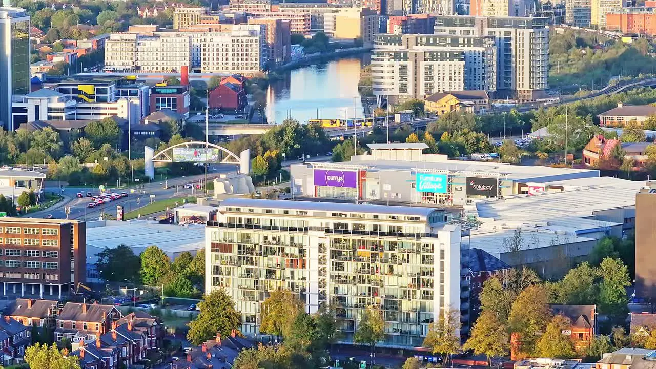 Drone shot large business park and shopping centre in Manchester City