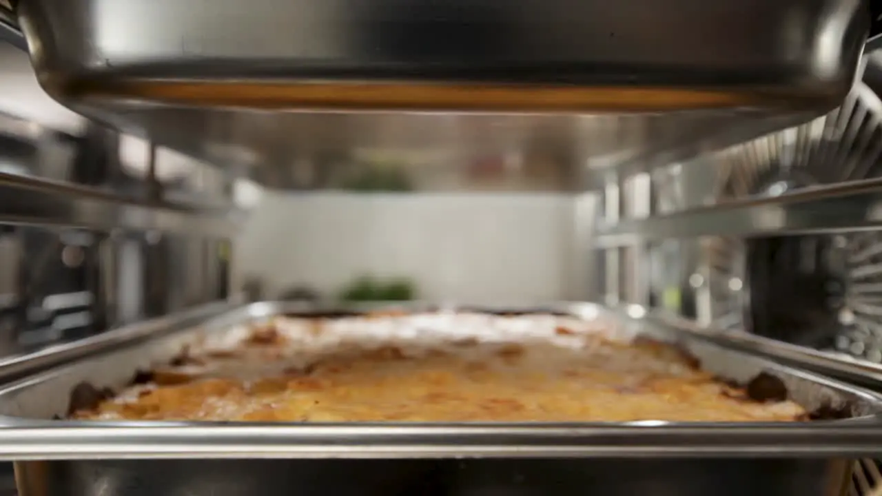 Close-up of a professional kitchen's steel oven with a lasagna dish in focus creating a warm busy atmosphere