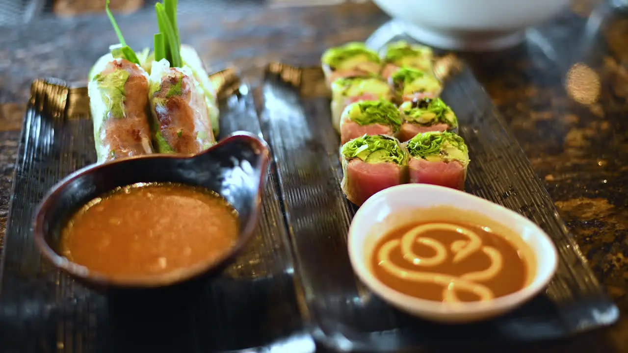 Upscale Vietnamese Spring Rolls on serving plate in restaurant