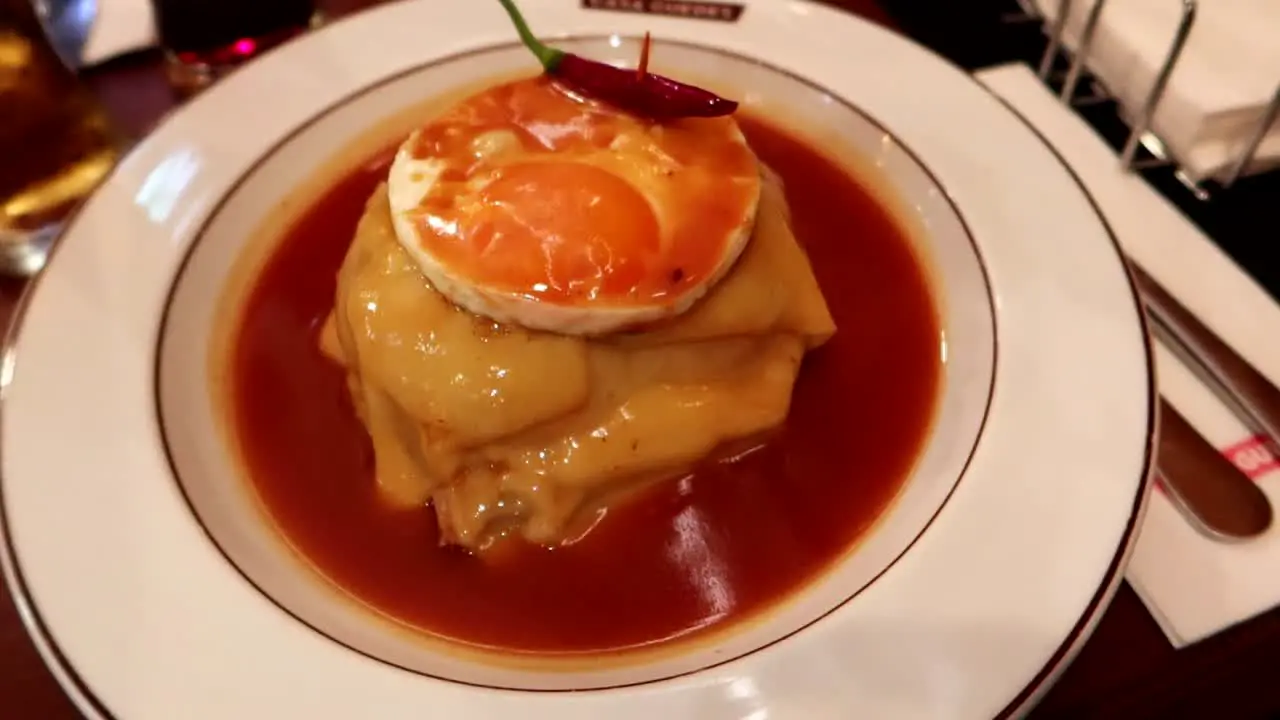 Close-up view of a Francesinha a traditional delicacy from Porto Portugal