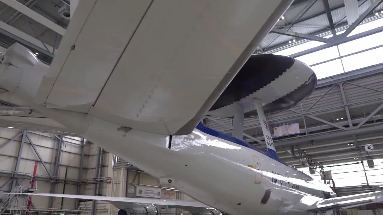 Nato Awacs (Airborne Warning And Control System) Aircraft And Radar Dome Filmed Inside The Metal Hanger