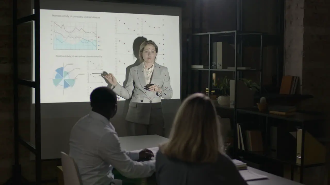 Female Employee Explaning A Slide With Graphics To Two Coworkers Who Are Sitting At Table In A Dark Room