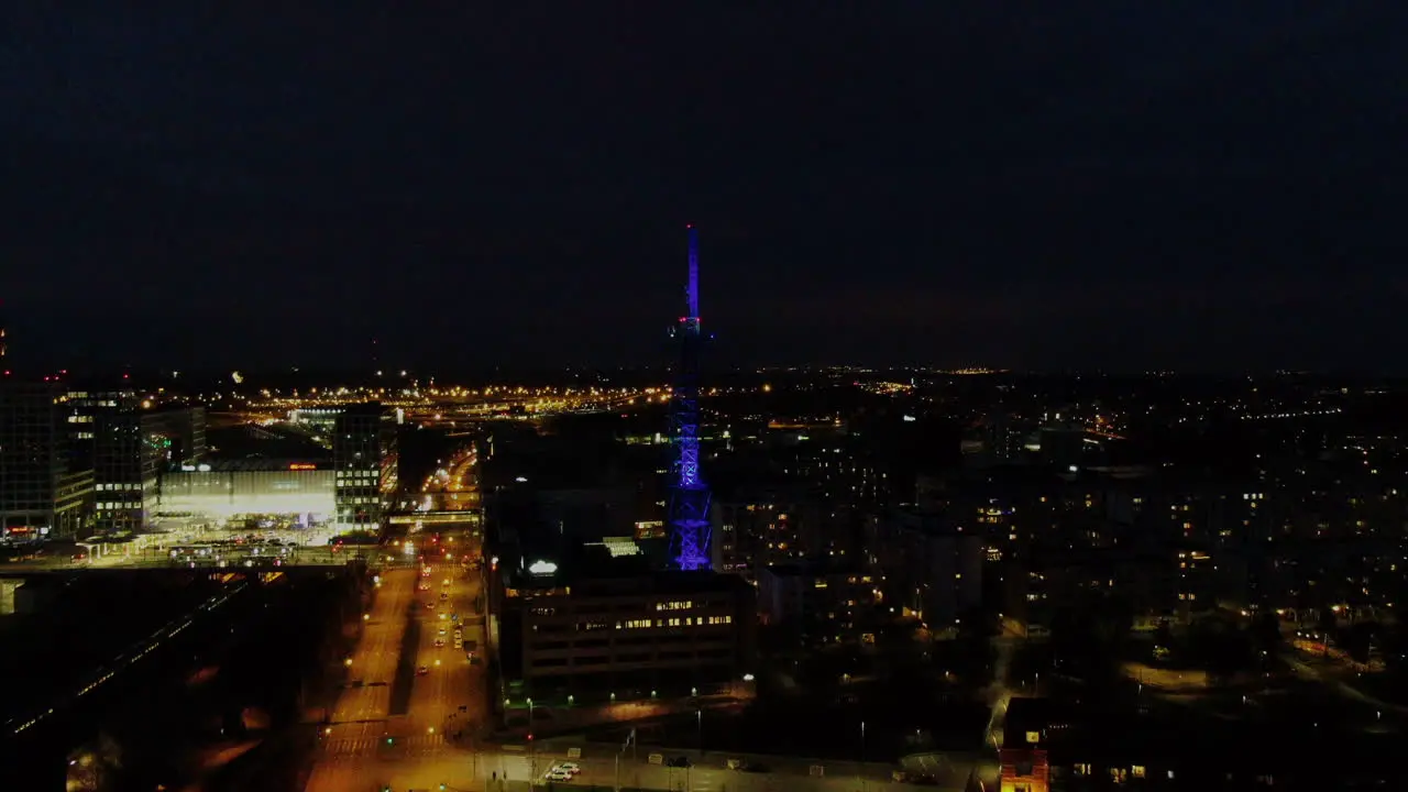 Night aerial view of Elisa communication tower in Pasila Helsinki Finland