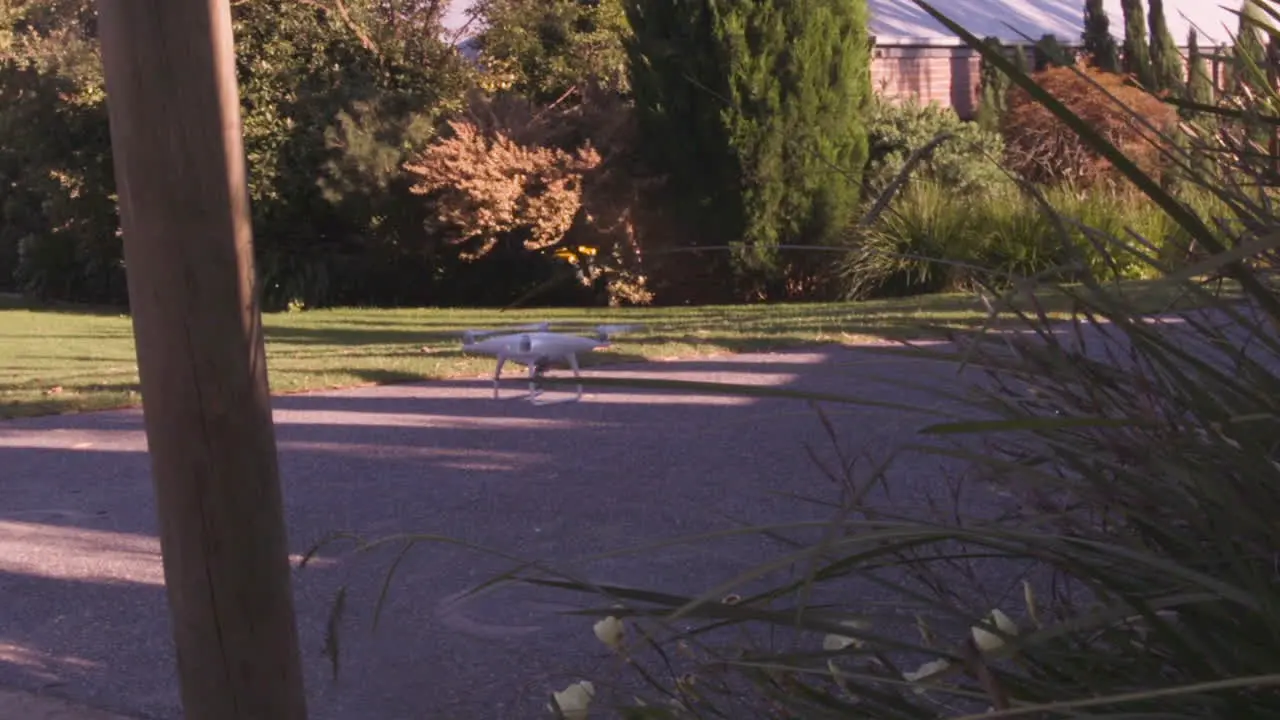 Drone landing behind bushes