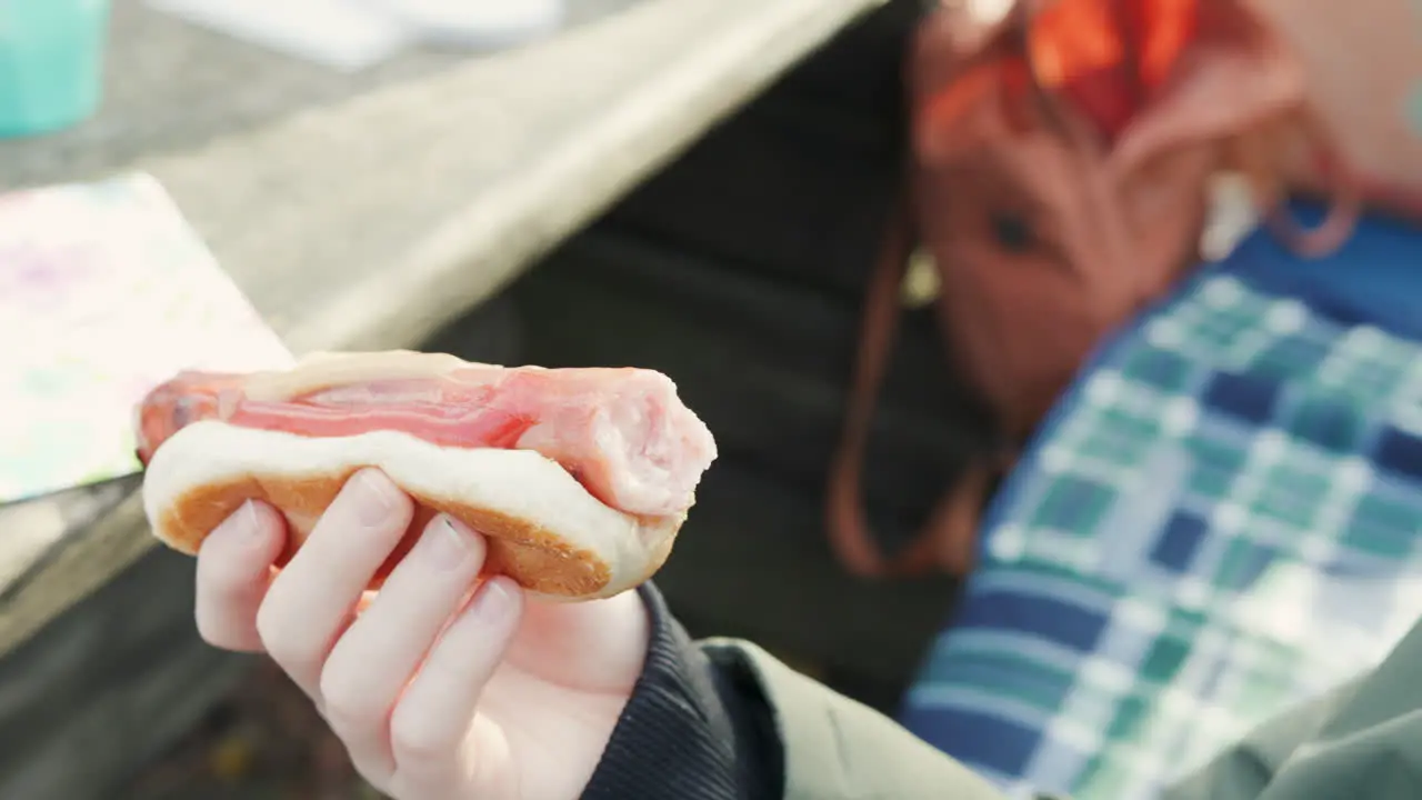 Boy holding a hot dog and bun at an outdoor grill party