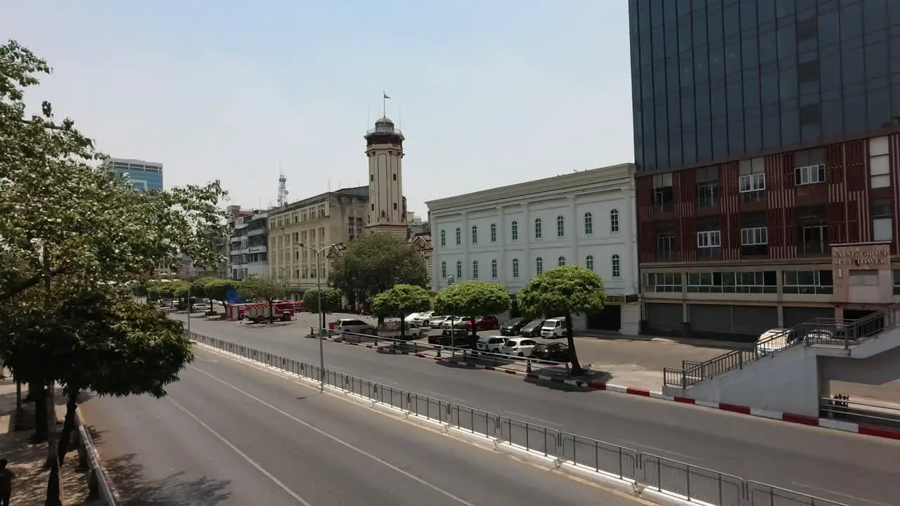 View of a deserted Sule Pagoda Road in Downtown Yangon Myanmar