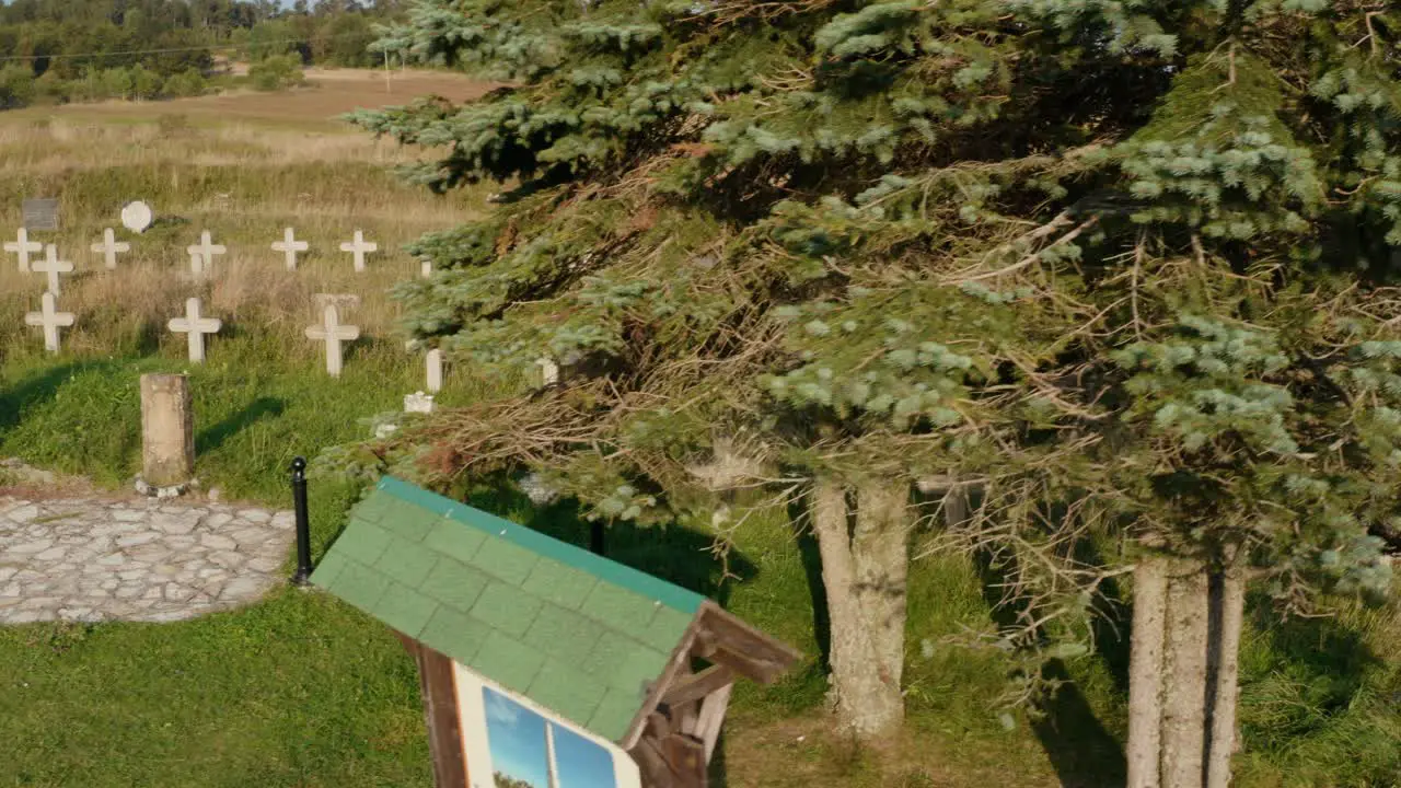 Aerial reveal shot of the Memorial Cemetary Javor near Mount Javor Serbia