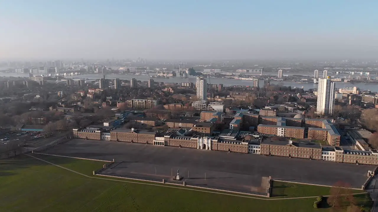 Aerial of Royal Artillery Barracks London Skyline and the River Thames