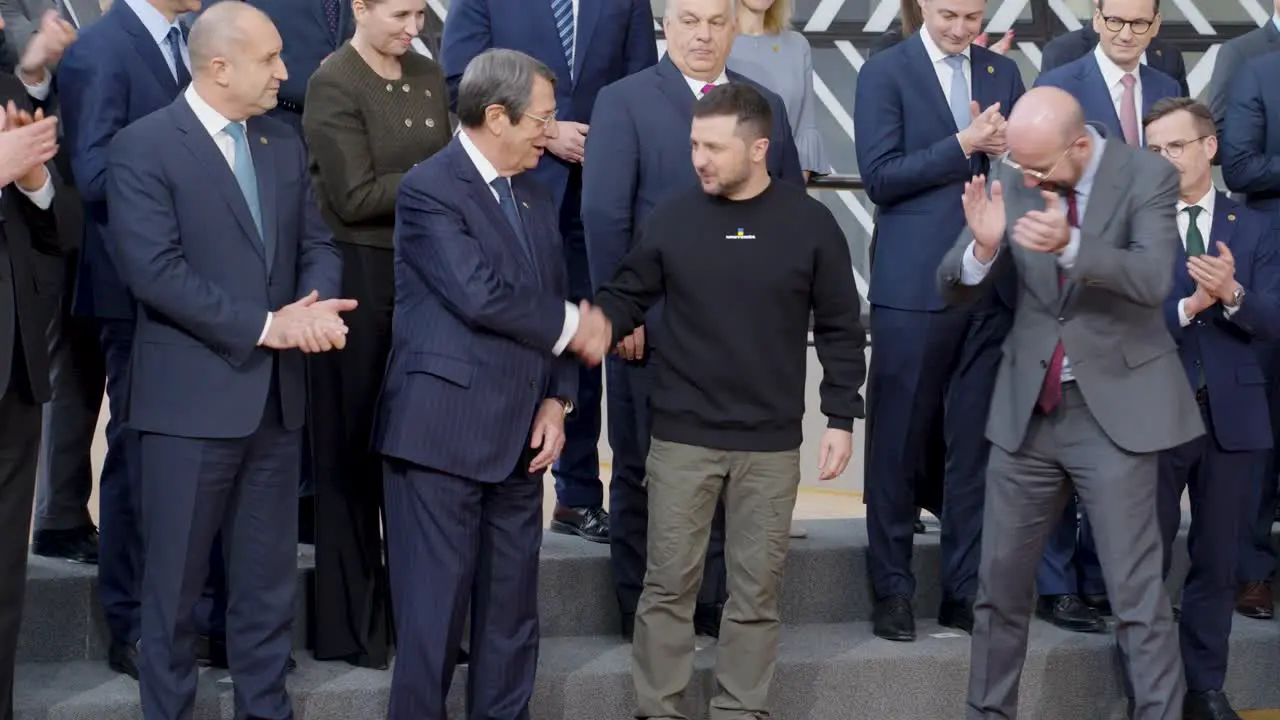 Ukraine's President Volodymyr Zelensky meets with European leaders in the Europa building in Brussels Belgium