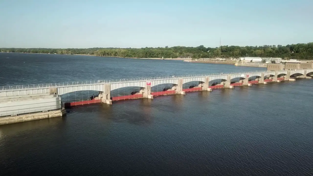 Aerial view of Lock and Dam 14 on the Mississippi River on a sunny summer day near Hampton Illinois