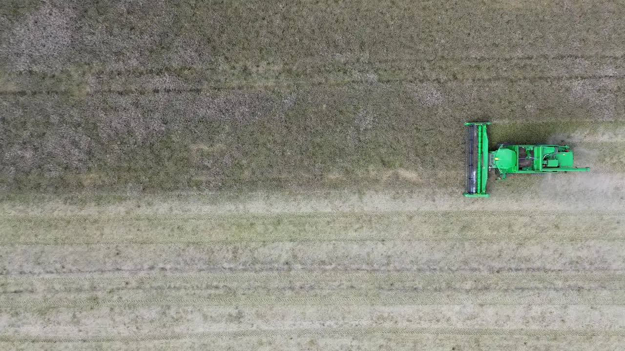 A view of efficient combined harvesting in action from above with a drone directly below the camera