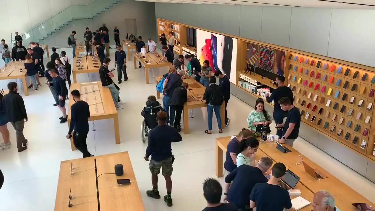 Customers visiting the Apple Flagship store in San Francisco