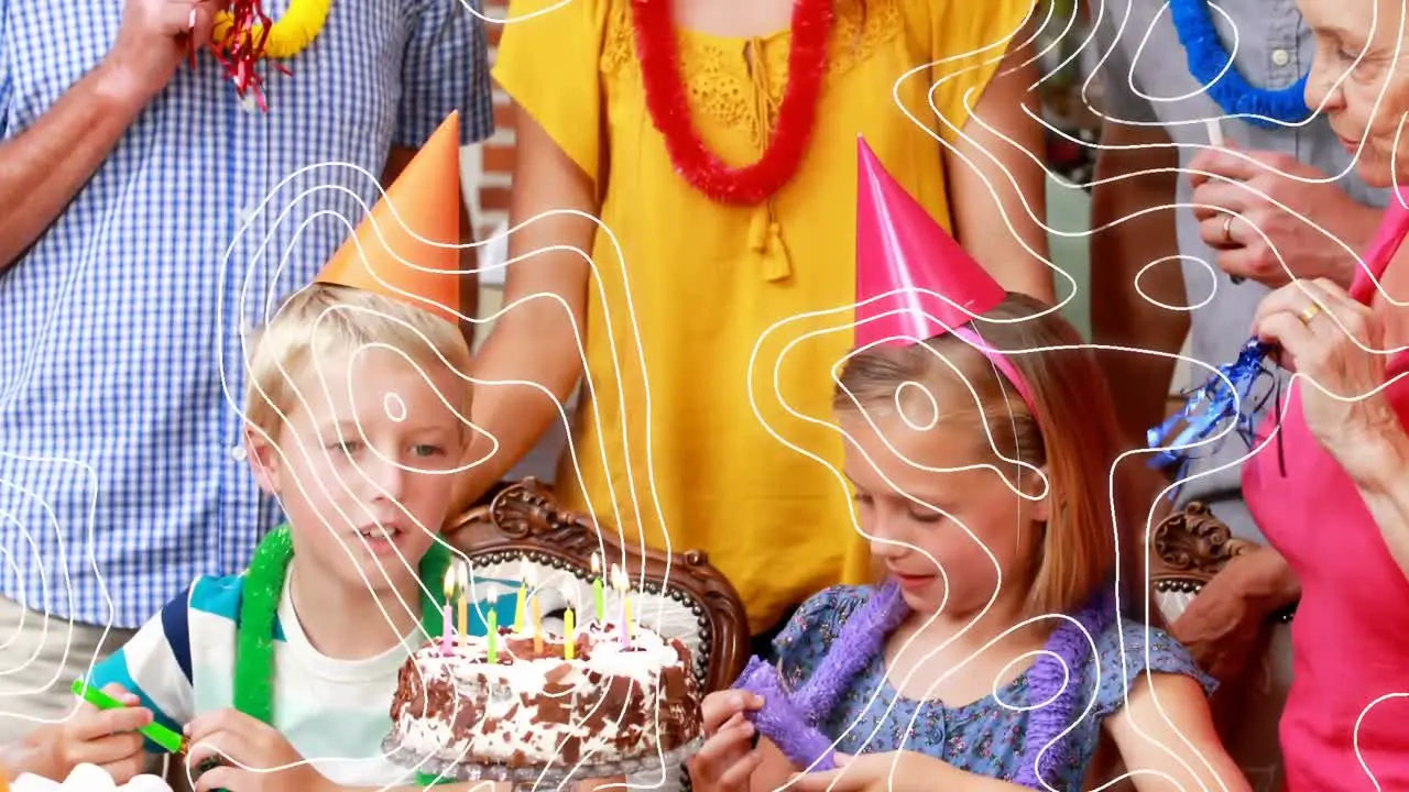 Animation of shapes moving over happy family at birthday party