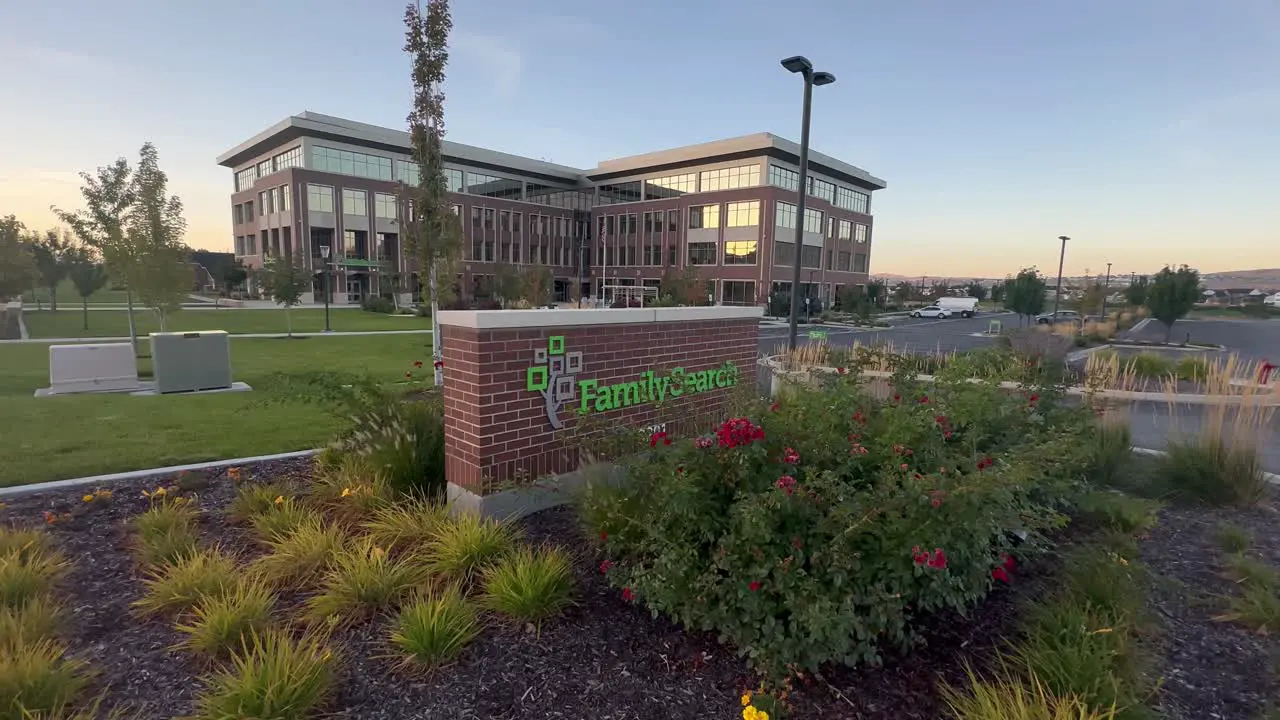 FamilySearch sign and office building in Lehi Utah establishing shot