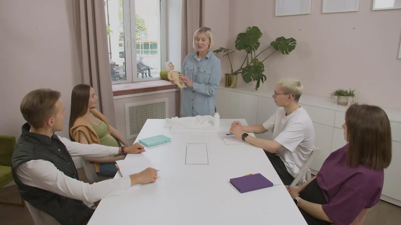 Blonde teacher talking in class