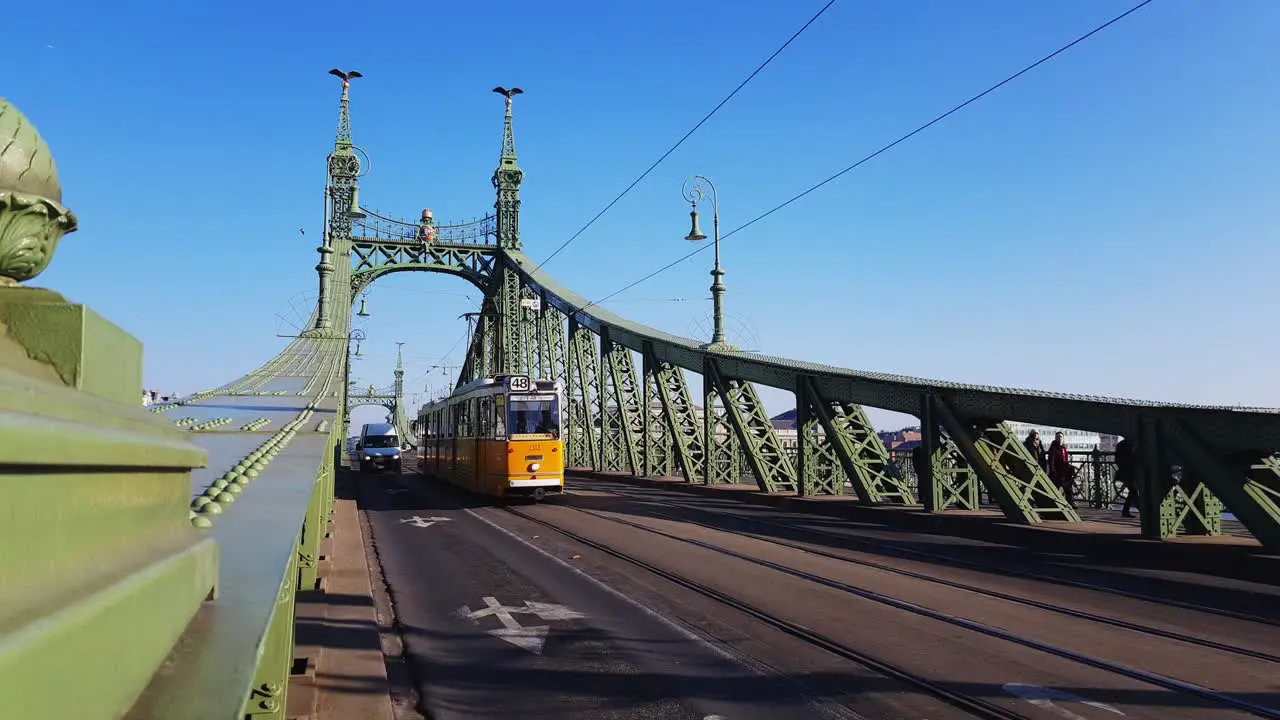 Yellow Tram Running On Liberty Bridge In Budapest Hungary At Daytime medium shot